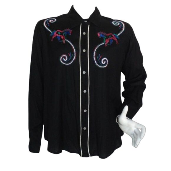 new ADOBE ROSE Shirt, 1X, Horse Embroidery, Snap Front, Black, Long sleeves - Picture 1 of 16